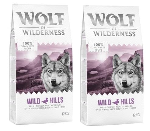 Wolf of Wilderness Adult 'Wild Hills' - Ente, Premium Trockenfutter für Hunde, 100% Getreide- und Glutenfrei, angereichert mit Waldfrüchten, Wildkräutern und Wurzeln, 2 x 12 kg von Wolf of Wilderness