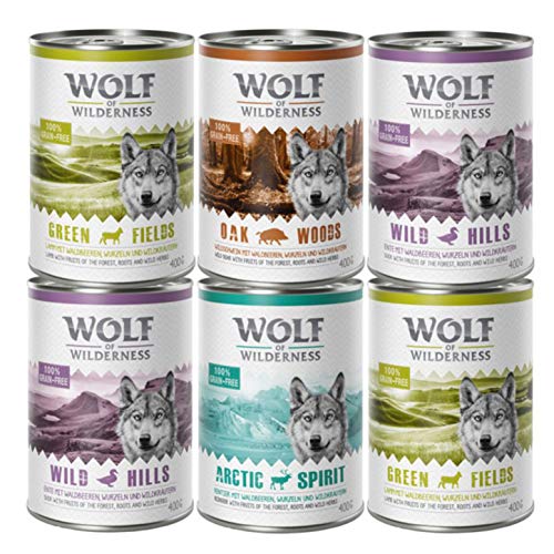 Wolf of Wilderness Erwachsenen-Sparpackung, 24 x 400 g – gemischte Packung, Lamm, Ente, Wildschwein, Rentier von Wolf of Wilderness