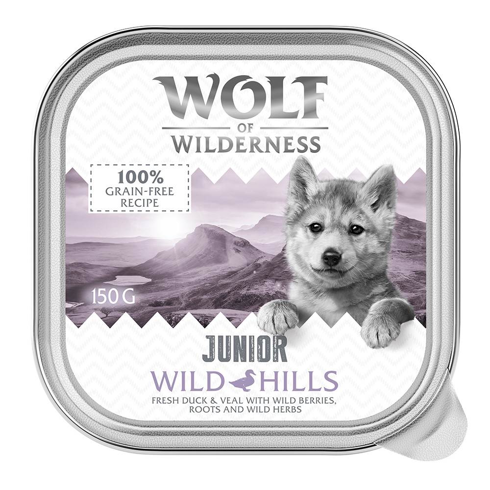 Wolf of Wilderness JUNIOR - Duo-Protein Rezeptur 6 / 24 x 150 g Schale - 6 x 150 g Wild Hills - Ente & Kalb von Wolf of Wilderness