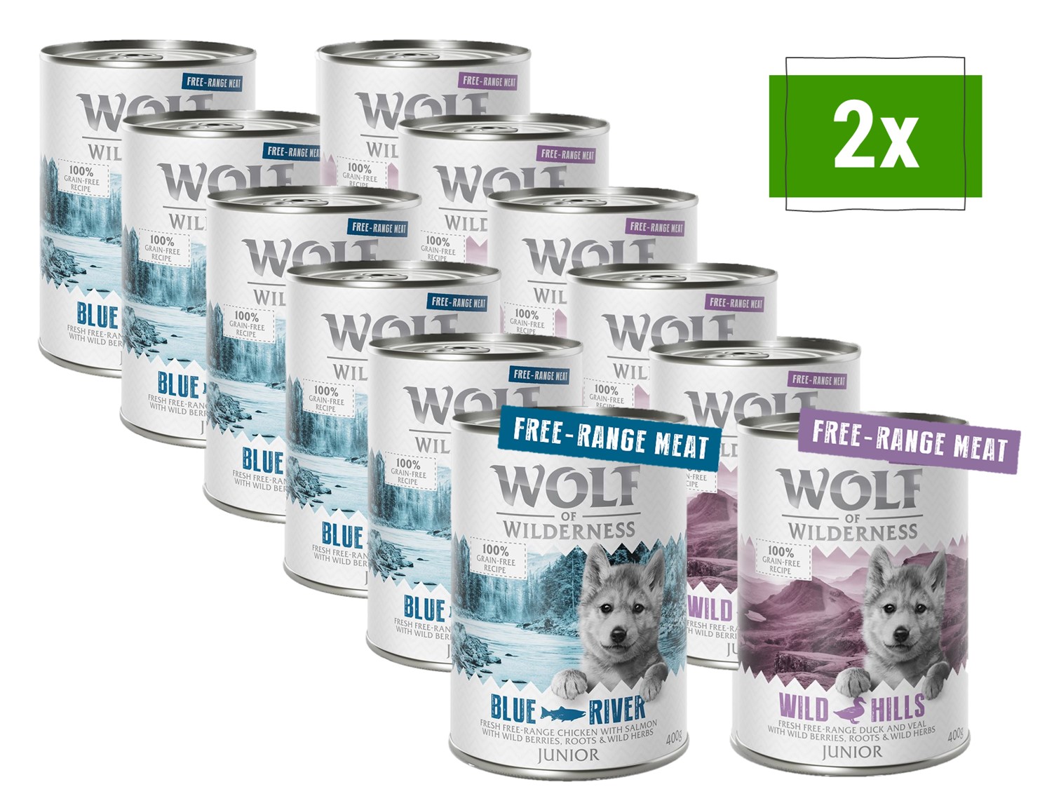 Wolf of Wilderness JUNIOR - Mixpaket - 12 x 400 g: 6x Freiland-Huhn & Lachs, 6x Freiland-Ente & Freiland-Kalb von Wolf of Wilderness