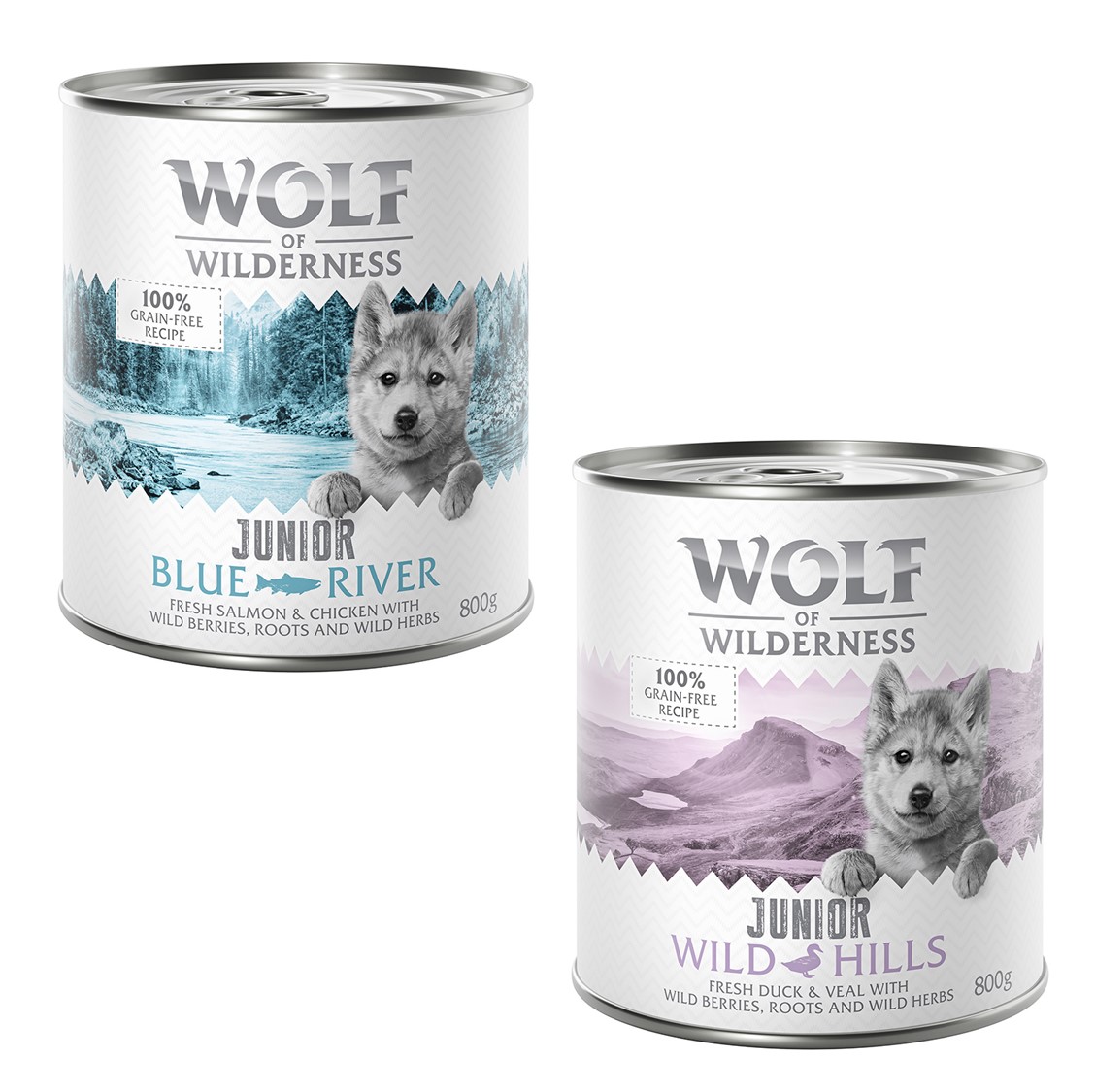 Wolf of Wilderness JUNIOR - Mixpaket - 24 x 800 g: 12x Huhn & Lachs, 12x Ente & Kalb von Wolf of Wilderness