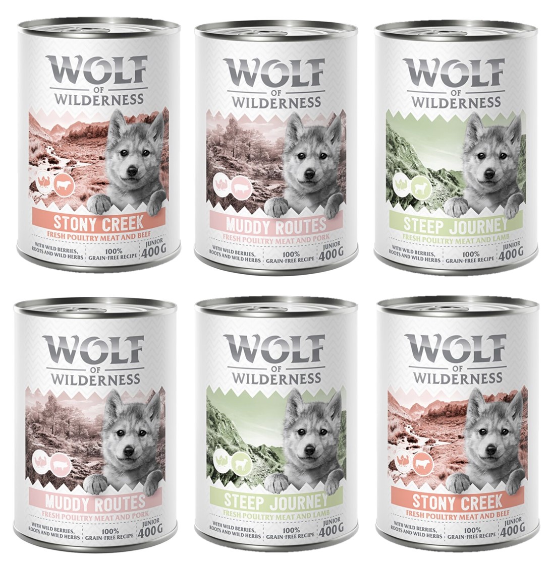 Wolf of Wilderness JUNIOR - Mixpaket - 6 x 400 g: 2x Geflügel mit Rind, 2x Geflügel mit Lamm, 2x Geflügel mit Schwein von Wolf of Wilderness