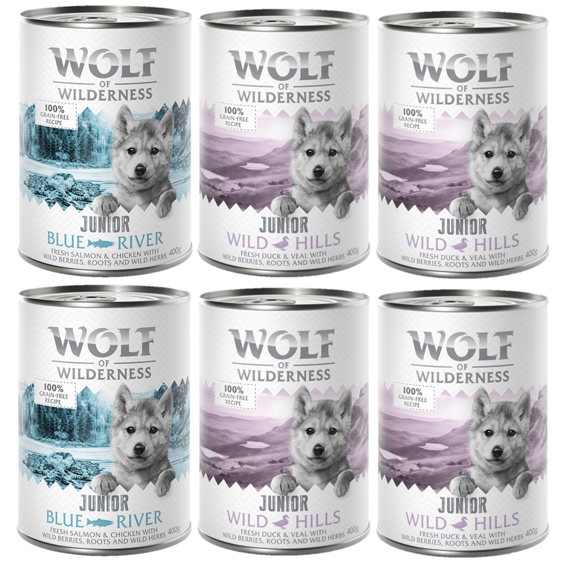 Wolf of Wilderness JUNIOR - Mixpaket - 6 x 400 g: 4x Ente & Kalb, 2x Huhn & Lachs von Wolf of Wilderness