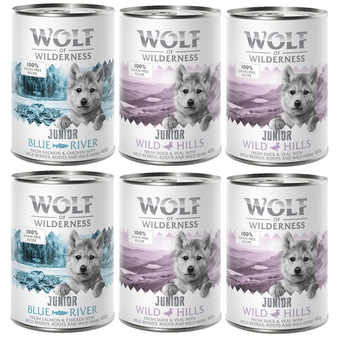 Wolf of Wilderness JUNIOR - Mixpaket - 6 x 400 g: 4x Ente & Kalb, 2x Huhn & Lachs Wolf of Wilderness JUNIOR - Mixpaket - 6 x 400 g: 4x Ente & Kalb, 2x Huhn & Lachs von Wolf of Wilderness