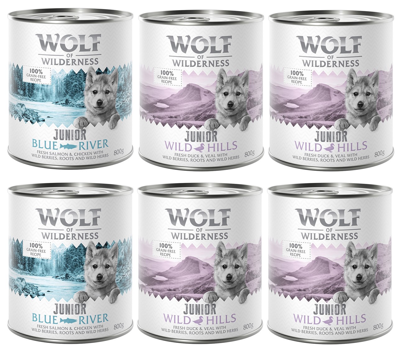 Wolf of Wilderness JUNIOR - Mixpaket - 6 x 800 g: 4x Ente & Kalb, 2x Huhn & Lachs Wolf of Wilderness JUNIOR - Mixpaket - 6 x 800 g: 4x Ente & Kalb, 2x Huhn & Lachs von Wolf of Wilderness