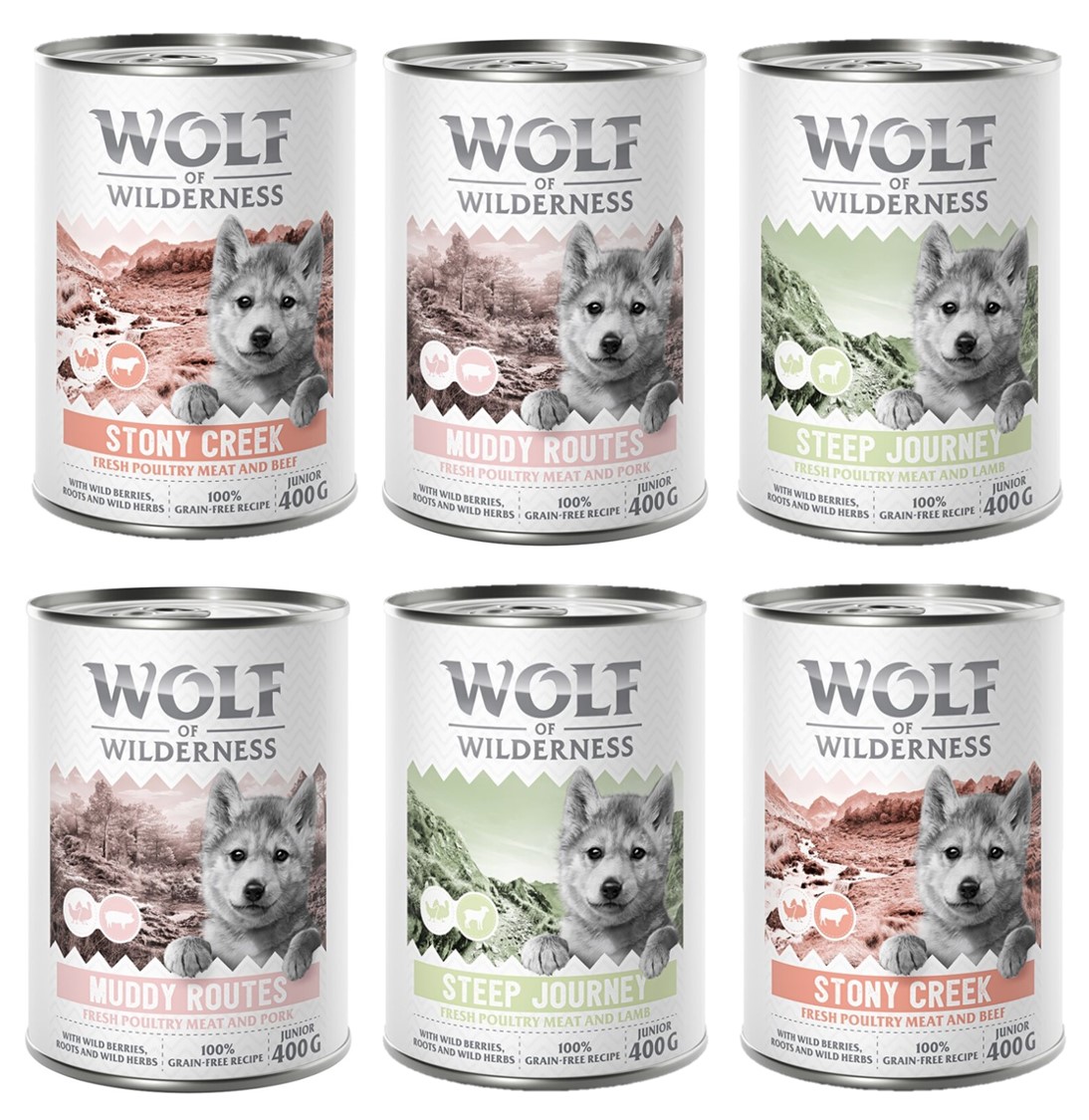 Wolf of Wilderness Junior - mit viel frischem Geflügel 6 x 400 g - Mixpaket Wolf of Wilderness Junior - mit viel frischem Geflügel 6 x 400 g - Mixpaket von Wolf of Wilderness
