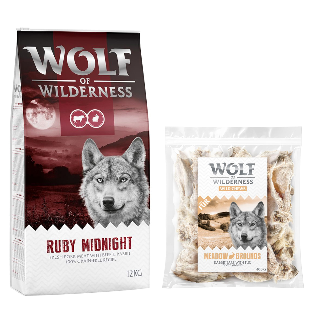 Wolf of Wilderness Kombi-Paket: Adult Trockenfutter + 3 x Kaninchenohren mit Fell Snacks - 12 kg Ruby Midnight - Rind & Kaninchen + 3 x 400 g Snacks Wolf of Wilderness Kombi-Paket: Adult Trockenfutter + 3 x Kaninchenohren mit Fell Snacks - 12 kg Ruby Midnight - Rind & Kaninchen + 3 x 400 g Snacks von Wolf of Wilderness