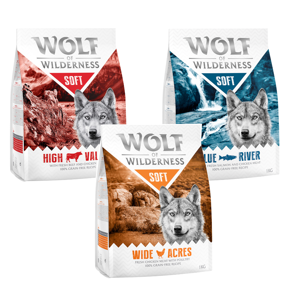Wolf of Wilderness Mix-Probierpakete - getreidefrei ADULT Soft: Huhn, Rind, Lachs (halbfeucht, 3 x 1 kg) von Wolf of Wilderness