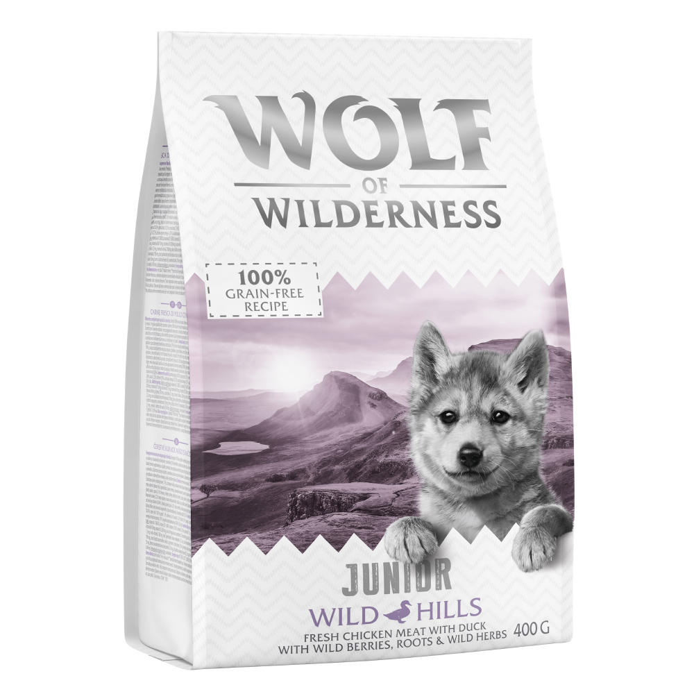 Wolf of Wilderness Probierbeutel - getreidefrei - JUNIOR Wild Hills - Ente  (400g) von Wolf of Wilderness
