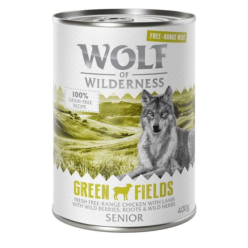 Wolf of Wilderness Senior - Single Protein Freilandfleisch/-innereien 6 / 12 x 400 g  - 12 x 400 g: Senior Green Fields, Freiland-Lamm & Freiland-Huhn von Wolf of Wilderness