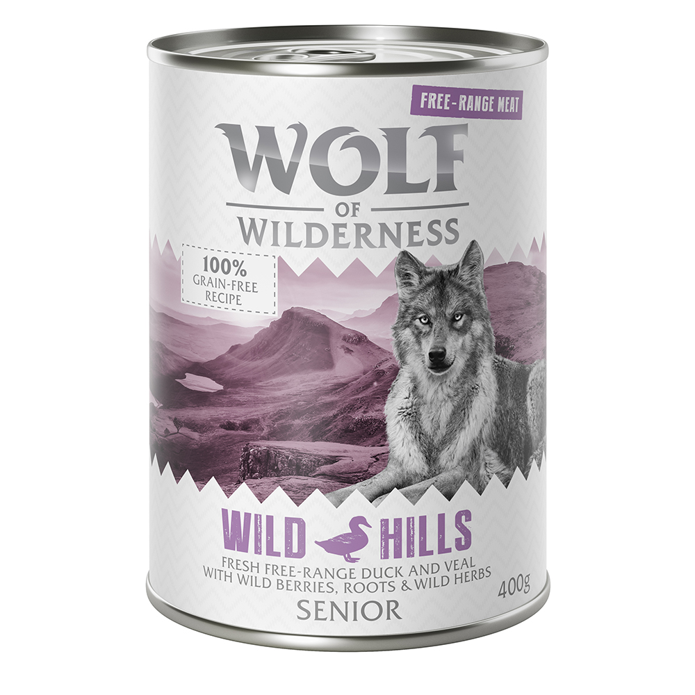 Wolf of Wilderness Senior - Single Protein Freilandfleisch/-innereien 6 / 12 x 400 g  - 12 x 400 g: Senior Wild Hills, Freiland-Ente & Freiland-Kalb von Wolf of Wilderness