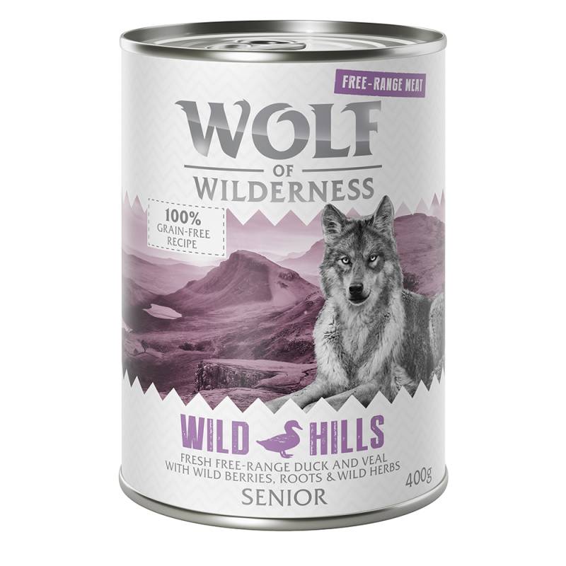 Wolf of Wilderness Senior - Single Protein Freilandfleisch/-innereien 6 / 12 x 400 g  - 6 x 400 g: Senior Wild Hills - Freiland-Ente & Freiland-Kalb von Wolf of Wilderness