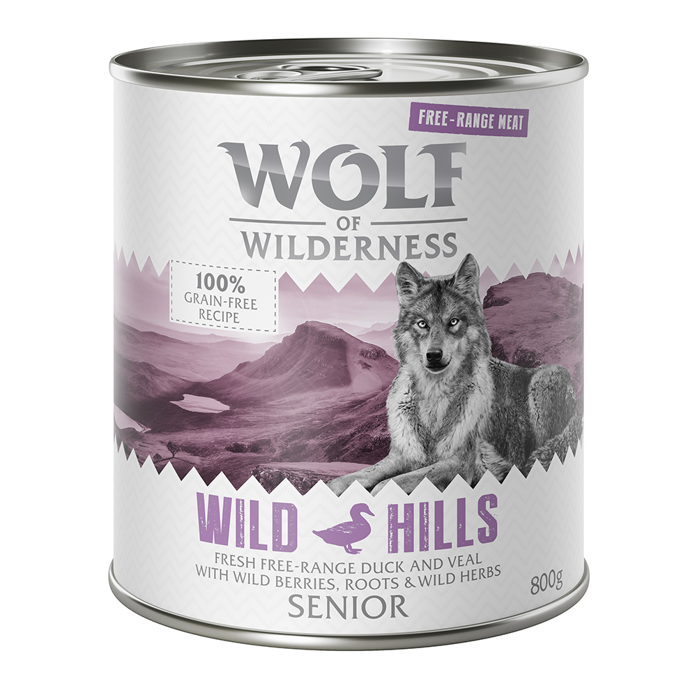 Wolf of Wilderness Senior - Freilandfleisch/-innereien 6 / 12 x 800 g  - 12 x 800 g: Senior Wild Hills - Freiland-Ente & Freiland-Kalb von Wolf of Wilderness