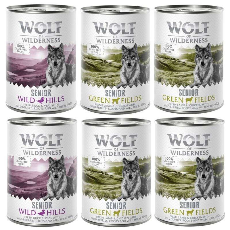 Wolf of Wilderness Senior - Mixpaket  - 6 x 400 g 4x Lamm & Huhn, 2x Ente & Kalb von Wolf of Wilderness