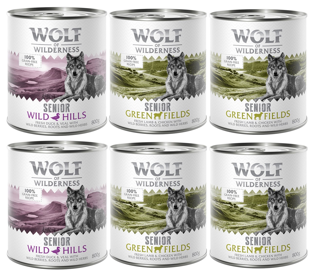 Wolf of Wilderness Senior - Mixpaket  - 6 x 800 g 4x Lamm & Huhn, 2x Ente & Kalb von Wolf of Wilderness