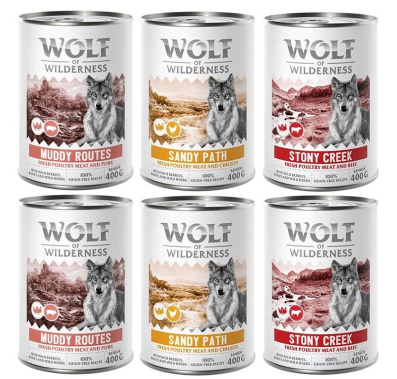 Wolf of Wilderness Senior - Mixpaket  - 6 x 400 g 2x Geflügel & Rind, 2x Geflügel & Schwein,  2x Geflügel & Huhn von Wolf of Wilderness