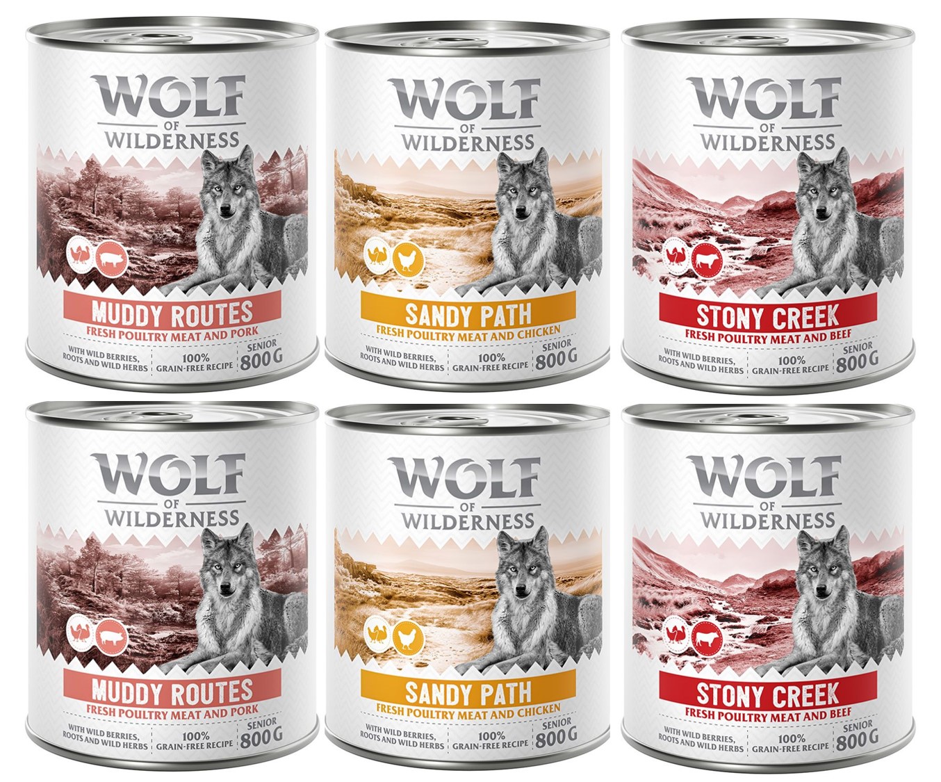 Wolf of Wilderness Senior - Mixpaket  - 6 x 800 g 2x Geflügel & Rind, 2x Geflügel & Schwein,  2x Geflügel & Huhn von Wolf of Wilderness