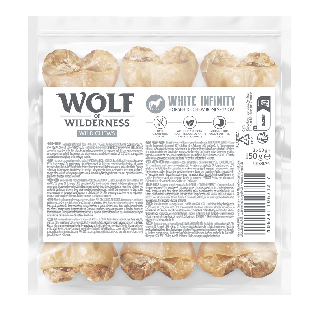 Wolf of Wilderness Snack zum Sonderpreis! - Kauknochen aus Pferdehaut "White Infinity": 3 x 12 cm (150 g) von Wolf of Wilderness