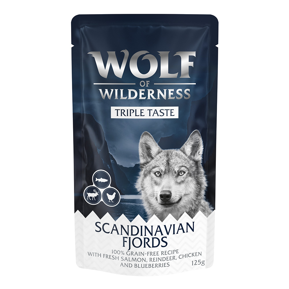 Wolf of Wilderness Adult - "Triple Taste" 12 x 125 g Scandinavian Fjords - Lachs, Rentier, Huhn von Wolf of Wilderness