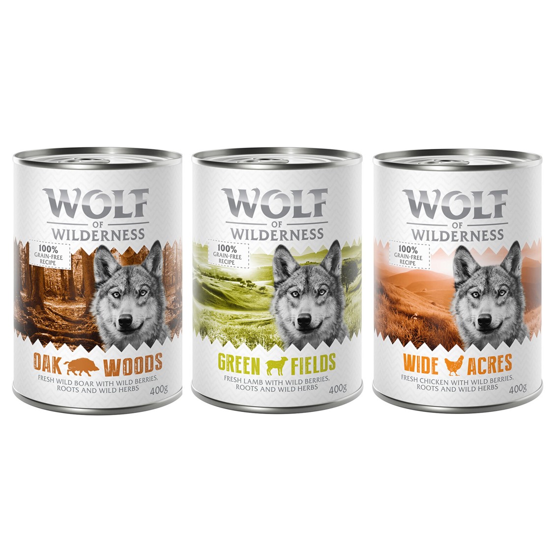 Wolf of Wilderness zum Sonderpreis! - Adult Single Meat: Wildschwein, Huhn, Lamm 6 x 400 g von Wolf of Wilderness