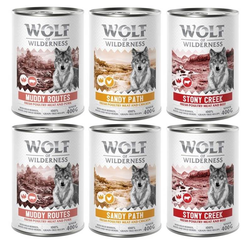 Wolf of Wilderness zum Sonderpreis! - Senior: Geflügel & Rind, Geflügel & Schwein, Geflügel & Huhn 6 x 400 g von Wolf of Wilderness