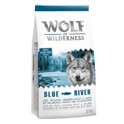 Wolf of Wilderness Adult Blue River Reich an Omega 3-Fettsäuren, enthält 61% reines Fleisch, niedriger Kohlenhydratgehalt – Lachs (12 kg) von Wolf of Wilderness