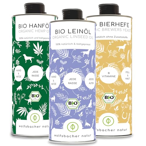 Bio Futteröl Set für Hunde und Katzen | 3 x 1 Liter | Bio Leinöl, Bio Hanfsamenöl, Bio Bierhefe von Wolfsbacher Natur
