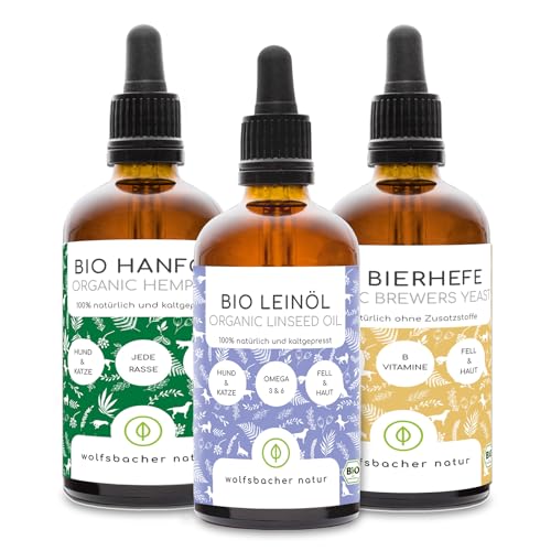 Bio Futteröl Set für Hunde und Katzen | 3 x 100ml | Bio Leinöl, Bio Hanfsamenöl, Bio Bierhefe Bio Futteröl Set für Hunde und Katzen | 3 x 100ml | Bio Leinöl, Bio Hanfsamenöl, Bio Bierhefe von Wolfsbacher Natur