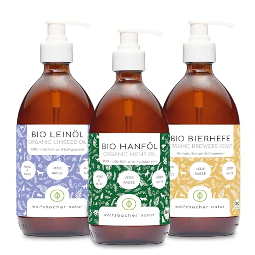 Bio Futteröl Set für Hunde und Katzen | 3 x 500ml | Bio Leinöl, Bio Hanfsamenöl, Bio Bierhefe von Wolfsbacher Natur