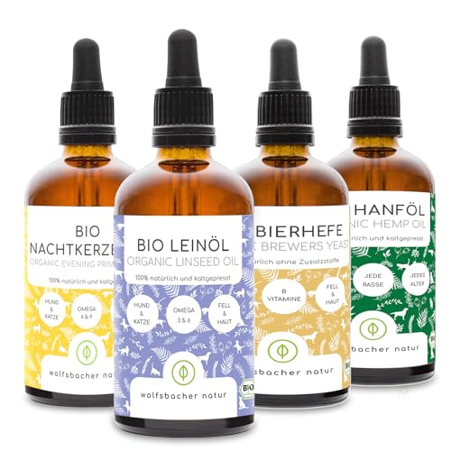Bio Futteröl Set für Hunde und Katzen | 4 x 100ml | Bio Leinöl, Bio Nachtkerzenöl, Bio Hanfsamenöl, Bio Bierhefe von Wolfsbacher Natur