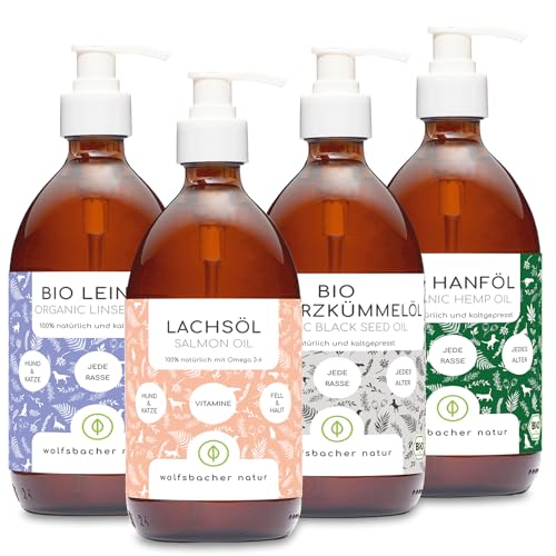 Futteröl Set für Hunde | 4 x 500ml | Lachsöl, Bio Schwarzkümmelöl, Bio Leinöl, Bio Hanfsamenöl von Wolfsbacher Natur
