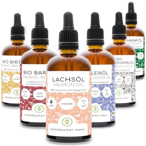 Futteröl Set für Hunde | 6 x 100ml | Lachsöl, Bio Barf-Öl, Bio Leinöl, Bio Hanföl, Bio Bierhefe, Bio Schwarzkümmelöl von Wolfsbacher Natur