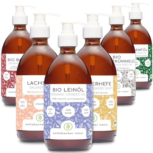 Futteröl Set für Hunde | 6 x 500ml | Lachsöl, Bio Barf-Öl, Bio Leinöl, Bio Hanföl, Bio Bierhefe, Bio Schwarzkümmelöl von Wolfsbacher Natur