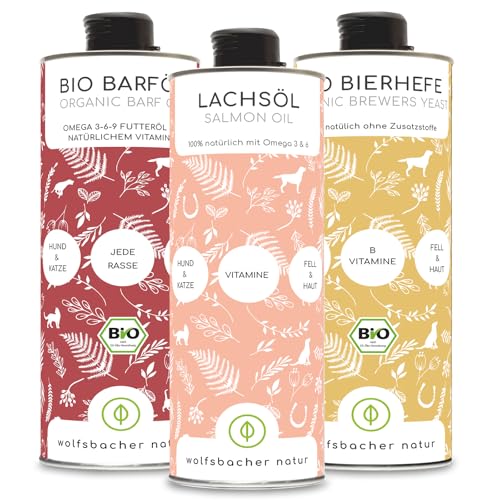 Futteröl Set für Hunde und Katzen | 3 x 1 Liter | Bio Barf-Öl, Lachsöl, Bio Bierhefe von Wolfsbacher Natur
