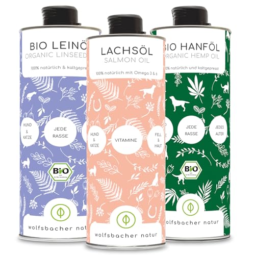 Futteröl Set für Hunde und Katzen | 3 x 1 Liter | Bio Leinöl, Lachsöl, Bio Hanfsamenöl von Wolfsbacher Natur