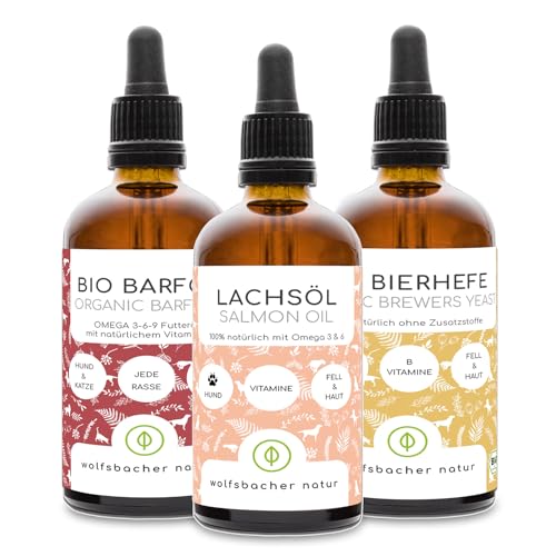 Futteröl Set für Hunde und Katzen | 3 x 100ml | Bio Barf-Öl, Lachsöl, Bio Bierhefe von Wolfsbacher Natur