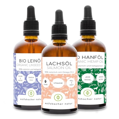 Futteröl Set für Hunde und Katzen | 3 x 100ml | Bio Leinöl, Lachsöl, Bio Hanfsamenöl Futteröl Set für Hunde und Katzen | 3 x 100ml | Bio Leinöl, Lachsöl, Bio Hanfsamenöl von Wolfsbacher Natur
