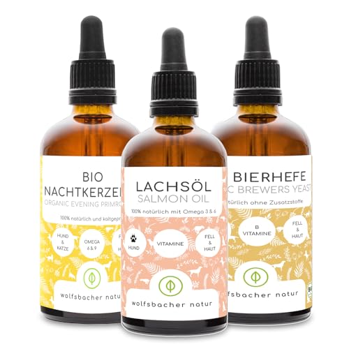 Futteröl Set für Hunde und Katzen | 3 x 100ml | Lachsöl, Bio Nachtkerzenöl, Bio Bierhefe Futteröl Set für Hunde und Katzen | 3 x 100ml | Lachsöl, Bio Nachtkerzenöl, Bio Bierhefe von Wolfsbacher Natur