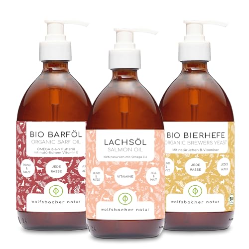 Futteröl Set für Hunde und Katzen | 3 x 500ml | Bio Barf-Öl, Lachsöl, Bio Bierhefe von Wolfsbacher Natur