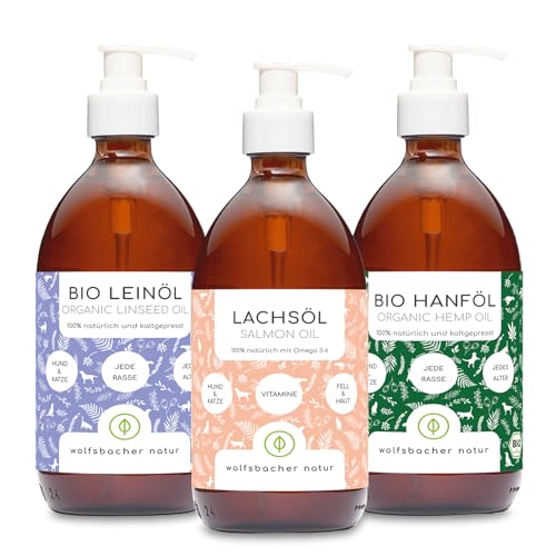 Futteröl Set für Hunde und Katzen | 3 x 500ml | Bio Leinöl, Lachsöl, Bio Hanfsamenöl Futteröl Set für Hunde und Katzen | 3 x 500ml | Bio Leinöl, Lachsöl, Bio Hanfsamenöl von Wolfsbacher Natur