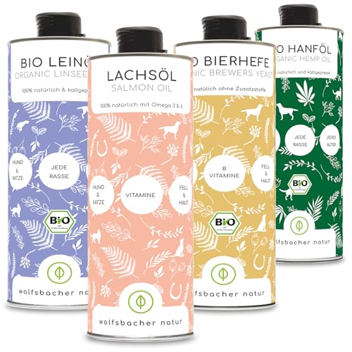 Futteröl Set für Hunde und Katzen | 4 x 1 Liter | Lachsöl, Bio Leinöl, Bio Hanfsamenöl, Bio Bierhefe von Wolfsbacher Natur