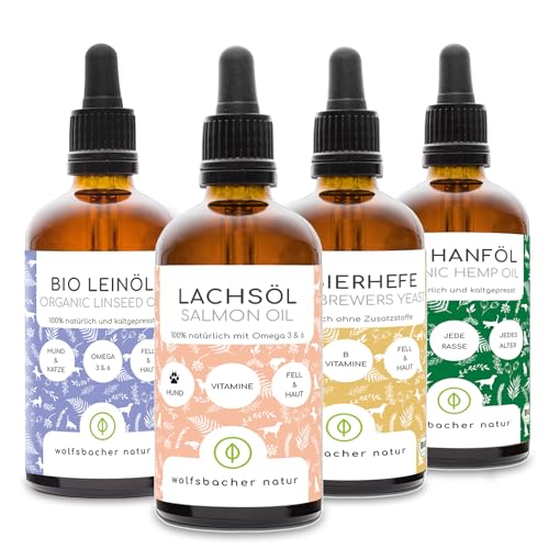 Futteröl Set für Hunde und Katzen | 4 x 100ml | Lachsöl, Bio Leinöl, Bio Hanfsamenöl, Bio Bierhefe Futteröl Set für Hunde und Katzen | 4 x 100ml | Lachsöl, Bio Leinöl, Bio Hanfsamenöl, Bio Bierhefe von Wolfsbacher Natur