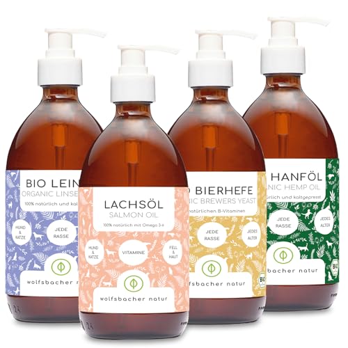 Futteröl Set für Hunde und Katzen | 4 x 500ml | Lachsöl, Bio Leinöl, Bio Hanfsamenöl, Bio Bierhefe von Wolfsbacher Natur