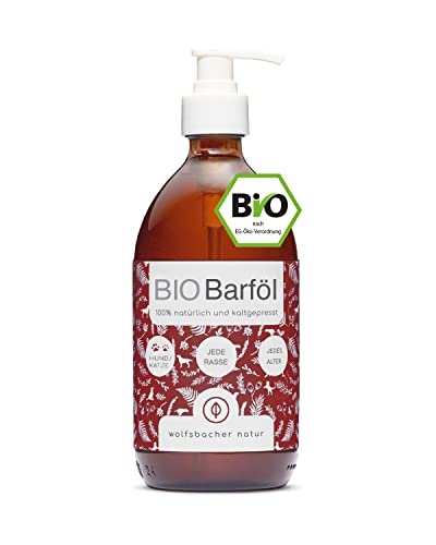 Bio Barf Futteröl für Hunde und Katzen, 500ml kaltgepresst aus | Hanföl, Leinöl, Nachtkerzenöl, Chiaöl, Kürbiskernöl, Olivenöl | Bio aus Deutschland - reich an Vitamin-E, Barf Öl, DE-ÖKO-060 von Wolfsbacher