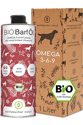 Bio Barf Futteröl für Hunde und Katzen, 1 Liter kaltgepresst aus | Hanföl, Leinöl, Nachtkerzenöl, Chiaöl, Kürbiskernöl, Olivenöl | Bio aus Deutschland - reich an Vitamin-E, Barf Öl, DE-ÖKO-060 von Wolfsbacher