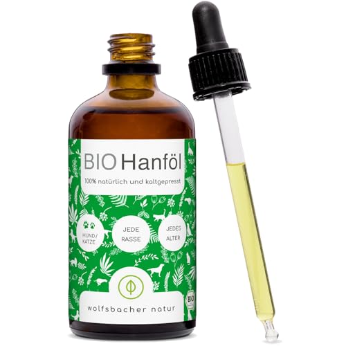 Wolfsbacher Bio Hanföl für Hunde und Katzen 100ml I Mit Omega 3 & 6, kaltgepresst 100% Bio aus Deutschland - Als Futteröl, Barf Öl, DE-ÖKO-060 von Wolfsbacher