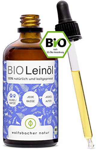 Wolfsbacher Bio Leinöl für Hunde und Katzen mit Omega 3 & 6, 100ml kaltgepresst 100% Bio aus Deutschland - Als Futteröl, Barf Öl, DE-ÖKO-060 von Wolfsbacher