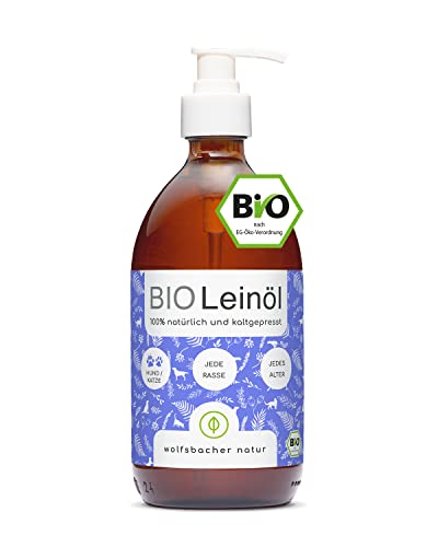 Wolfsbacher Bio Leinöl für Hunde und Katzen mit Omega 3 & 6, 500ml kaltgepresst 100% Bio aus Deutschland - Als Futteröl, Barf Öl, DE-ÖKO-060 von Wolfsbacher