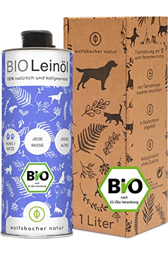 Wolfsbacher Bio Leinöl für Hunde und Katzen mit Omega 3 & 6, 1 Liter kaltgepresst 100% Bio aus Deutschland - Als Futteröl, Barf Öl, DE-ÖKO-060 von Wolfsbacher