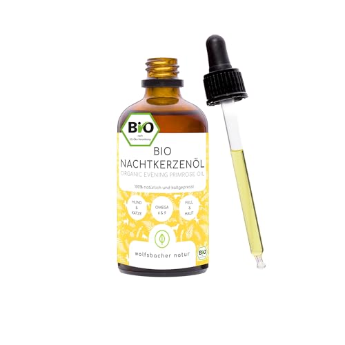 Bio Nachtkerzenöl für Hunde und Katzen, 100ml kaltgepresstes Fellöl 100% Bio aus Deutschland - reich an Omega 3 & 6, Barf Öl, DE-ÖKO-060 von Wolfsbacher